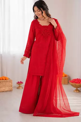 Red crepe thread with sequin farshi salwar suit