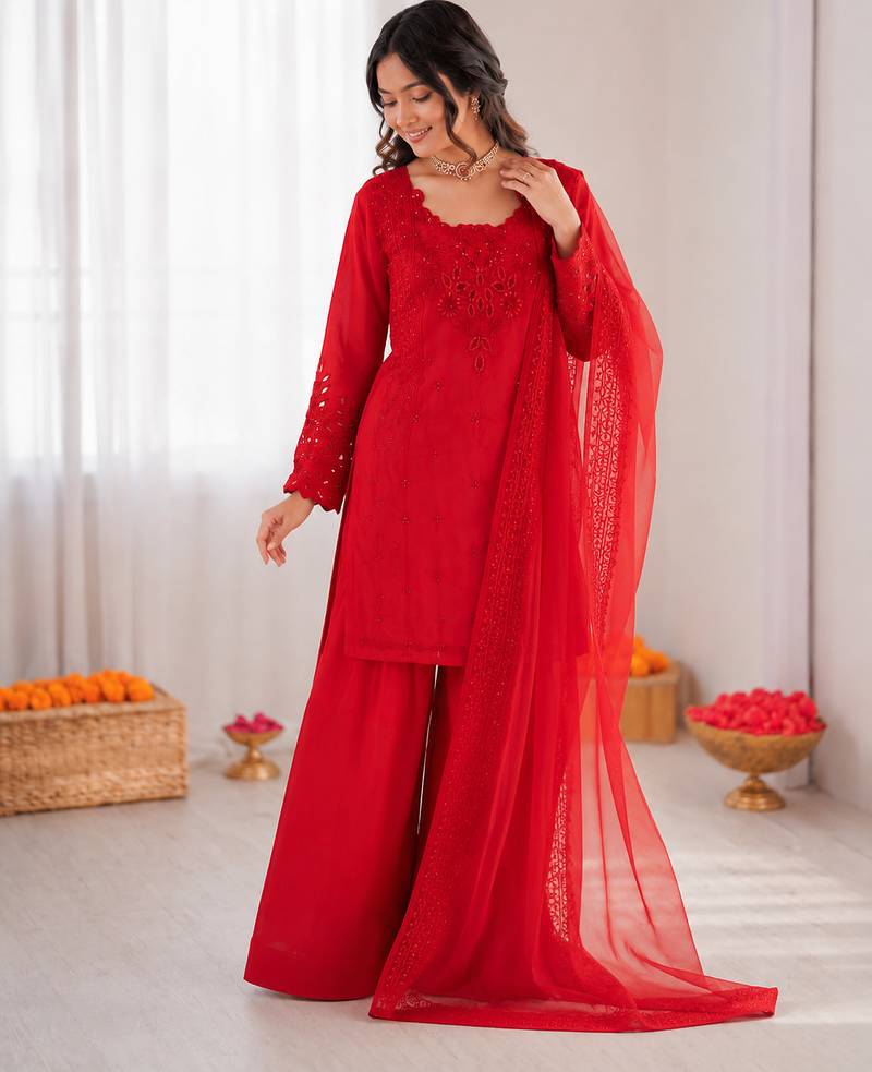 Red crepe thread with sequin farshi salwar suit