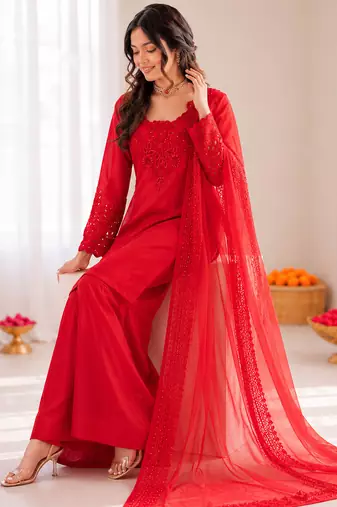 Red crepe thread with sequin farshi salwar suit