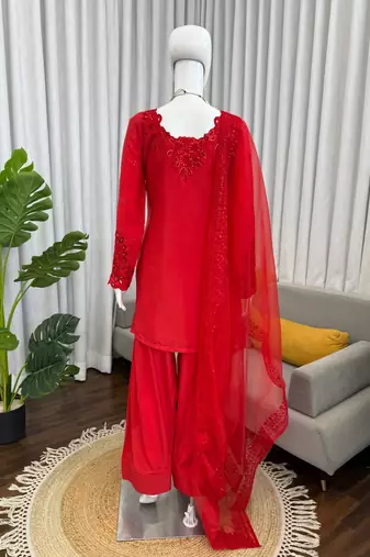 Red crepe thread with sequin farshi salwar suit