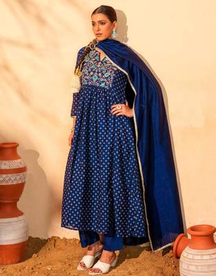 Women's Beautiful Embroidery Work Vichitra Silk Fabric Flared Kurta Pant and Dupatta Set 1