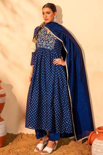 Women's Beautiful Embroidery Work Vichitra Silk Fabric Flared Kurta Pant and Dupatta Set