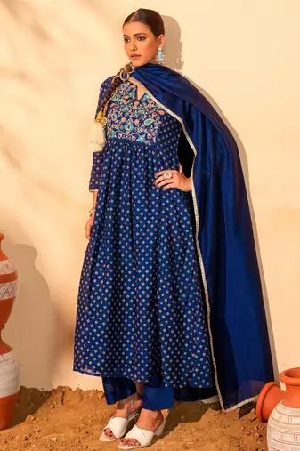 Women's Beautiful Embroidery Work Vichitra Silk Fabric Flared Kurta Pant and Dupatta Set