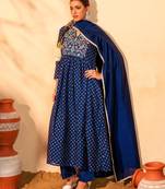 Women's Beautiful Embroidery Work Vichitra Silk Fabric Flared Kurta Pant and Dupatta Set