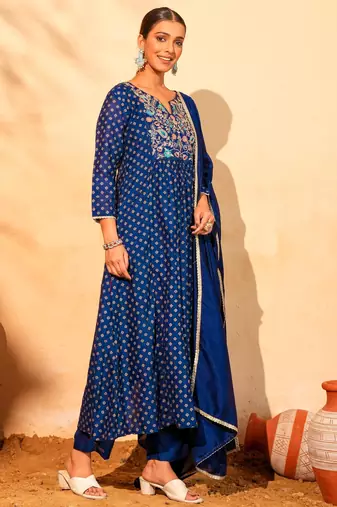 Women's Beautiful Embroidery Work Vichitra Silk Fabric Flared Kurta Pant and Dupatta Set