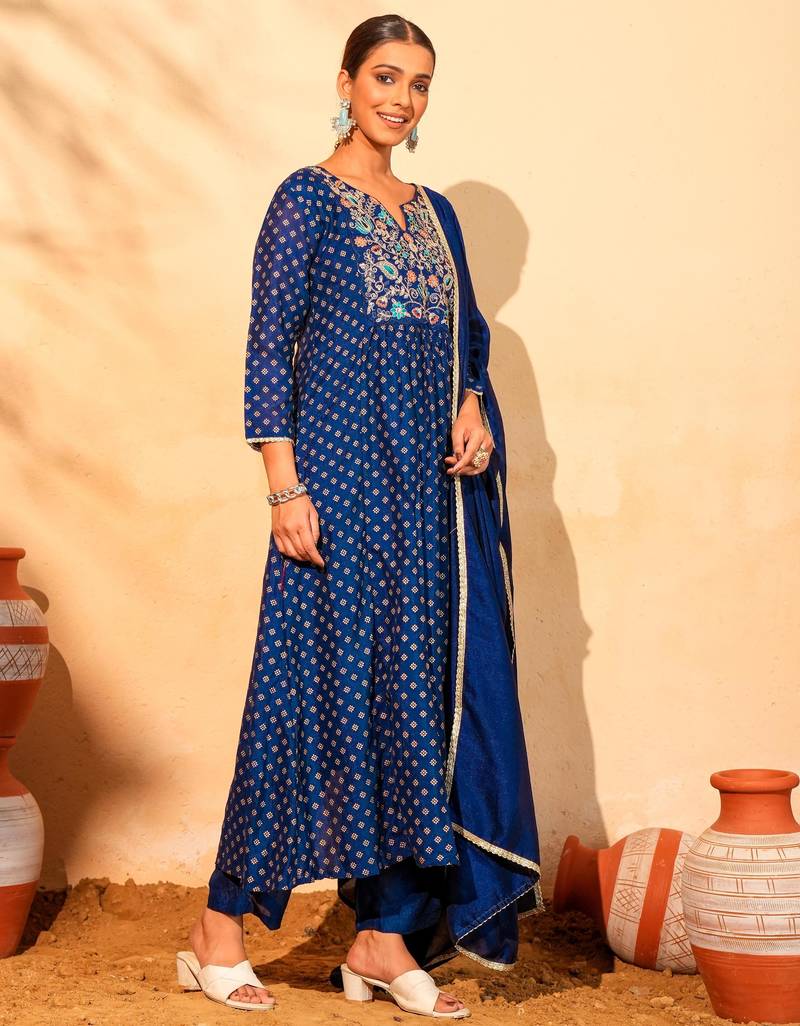 Women's Beautiful Embroidery Work Vichitra Silk Fabric Flared Kurta Pant and Dupatta Set