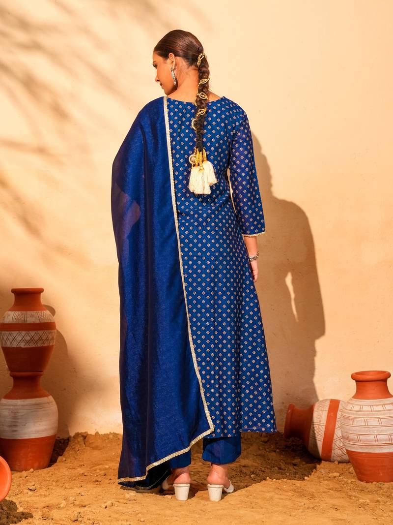 Women's Beautiful Embroidery Work Vichitra Silk Fabric Flared Kurta Pant and Dupatta Set