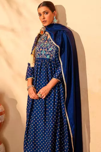Women's Beautiful Embroidery Work Vichitra Silk Fabric Flared Kurta Pant and Dupatta Set