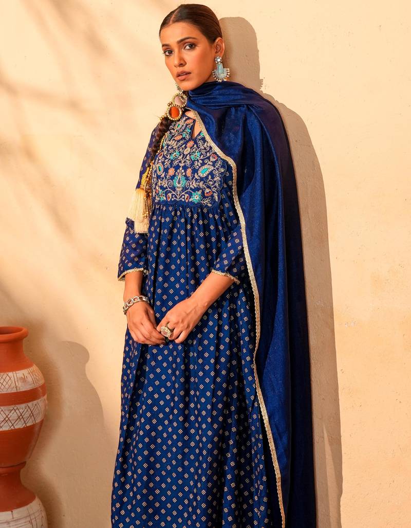 Women's Beautiful Embroidery Work Vichitra Silk Fabric Flared Kurta Pant and Dupatta Set