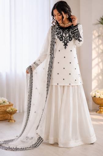 Off white crepe thread with sequin farshi salwar suit