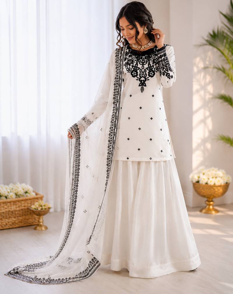 Off white crepe thread with sequin farshi salwar suit