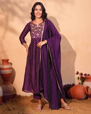 Women's Beautiful Embroidery Work Vichitra Silk Fabric Flared Kurta Pant and Dupatta Set 1