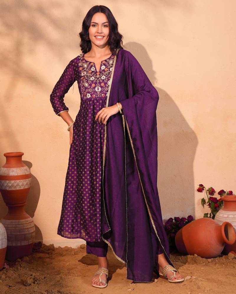 Women's Beautiful Embroidery Work Vichitra Silk Fabric Flared Kurta Pant and Dupatta Set
