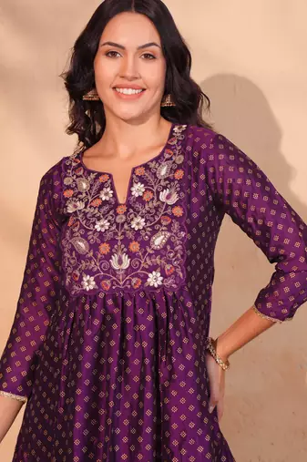 Women's Beautiful Embroidery Work Vichitra Silk Fabric Flared Kurta Pant and Dupatta Set