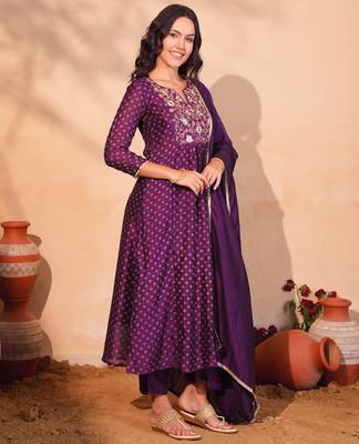 Women's Beautiful Embroidery Work Vichitra Silk Fabric Flared Kurta Pant and Dupatta Set 3