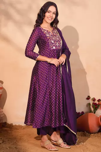 Women's Beautiful Embroidery Work Vichitra Silk Fabric Flared Kurta Pant and Dupatta Set