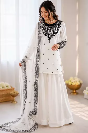 Off white crepe thread with sequin farshi salwar suit