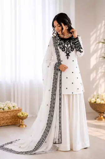 Off white crepe thread with sequin farshi salwar suit