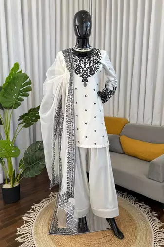 Off white crepe thread with sequin farshi salwar suit