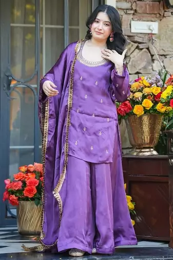 Women's Beautiful Embroidery Work Silk Crepe Fabric Straight Kurta Palazzo and Dupatta Set