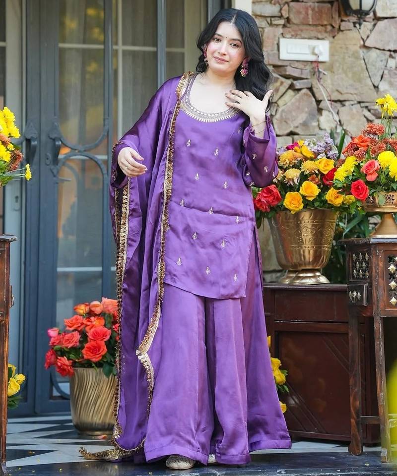 Women's Beautiful Embroidery Work Silk Crepe Fabric Straight Kurta Palazzo and Dupatta Set