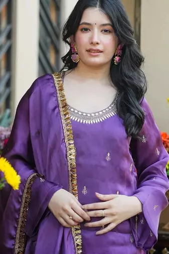 Women's Beautiful Embroidery Work Silk Crepe Fabric Straight Kurta Palazzo and Dupatta Set