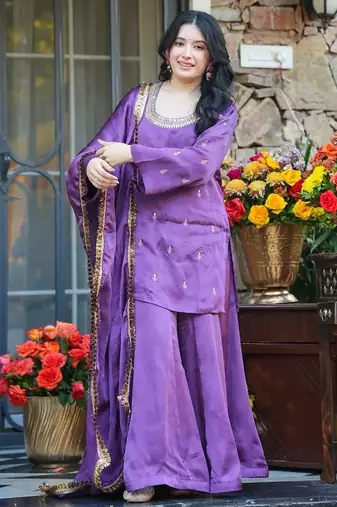Women's Beautiful Embroidery Work Silk Crepe Fabric Straight Kurta Palazzo and Dupatta Set