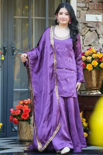 Women's Beautiful Embroidery Work Silk Crepe Fabric Straight Kurta Palazzo and Dupatta Set