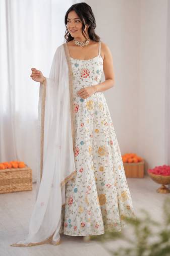 Off white georgette thread with sequin anarkali suit