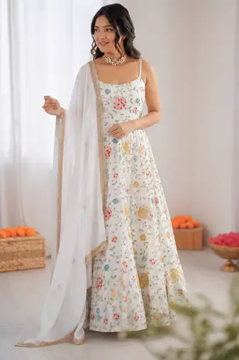 Off white georgette thread with sequin anarkali suit