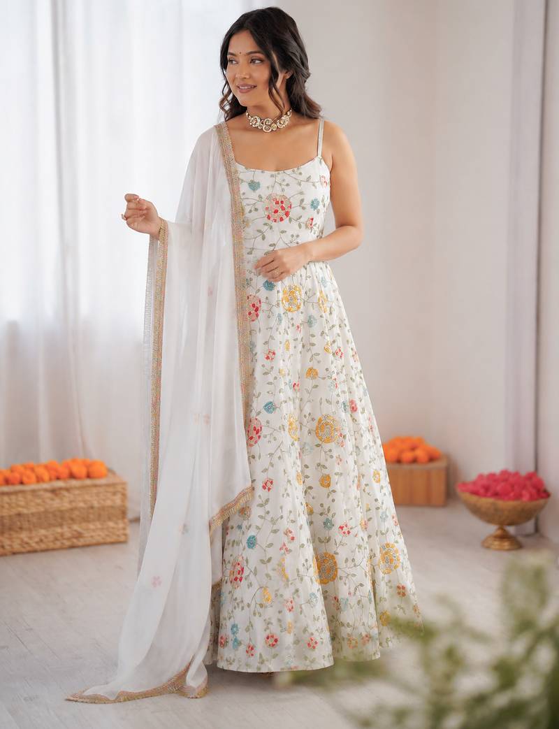 Off white georgette thread with sequin anarkali suit