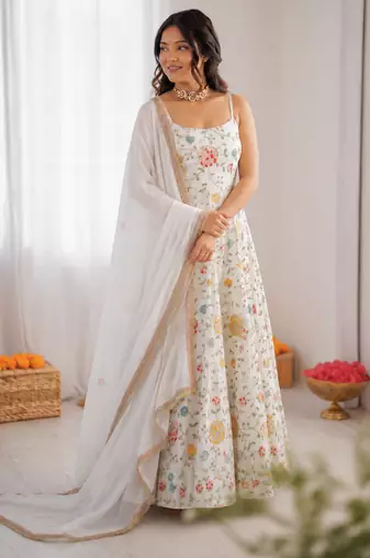 Off white georgette thread with sequin anarkali suit