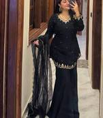 Women's Beautiful Embroidery Work Silk Crepe Fabric Straight Kurta Palazzo and Dupatta Set