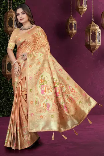 Beige Satin Silk Saree with Zari & Multicolor Thread Woven Traditional Motifs