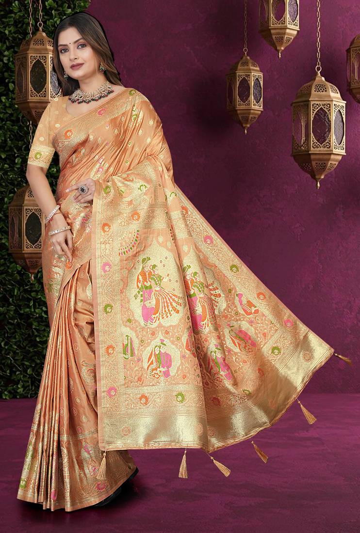 Beige Satin Silk Saree with Zari & Multicolor Thread Woven Traditional Motifs