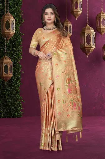 Beige Satin Silk Saree with Zari & Multicolor Thread Woven Traditional Motifs