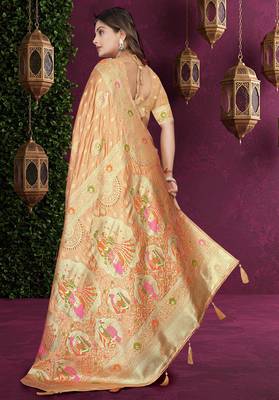 Beige Satin Silk Saree with Zari & Multicolor Thread Woven Traditional Motifs 3