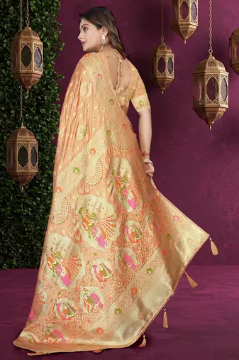 Beige Satin Silk Saree with Zari & Multicolor Thread Woven Traditional Motifs