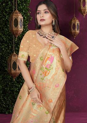 Beige Satin Silk Saree with Zari & Multicolor Thread Woven Traditional Motifs 4