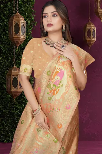 Beige Satin Silk Saree with Zari & Multicolor Thread Woven Traditional Motifs