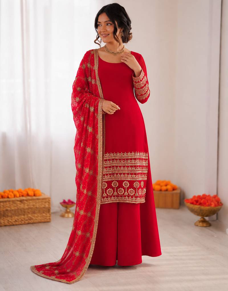 Red georgette thread with sequin  salwar suit
