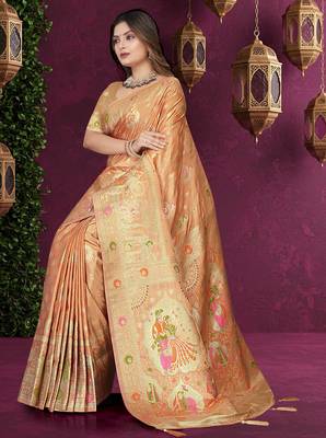 Beige Satin Silk Saree with Zari & Multicolor Thread Woven Traditional Motifs 5