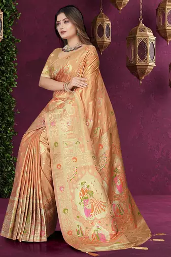 Beige Satin Silk Saree with Zari & Multicolor Thread Woven Traditional Motifs