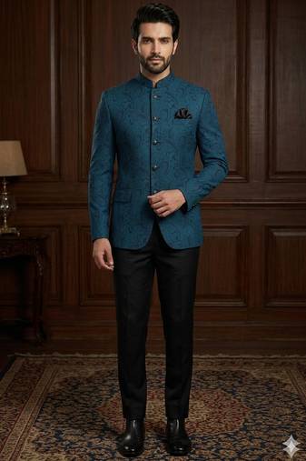 Turquoise blue color jodhpuri for men | premium designer bandhgala ethnic wear