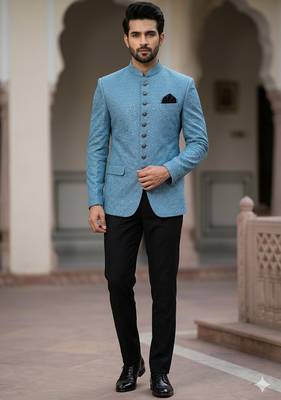 Sky blue color sequence jodhpuri for men | premium designer bandhgala ethnic wear 1
