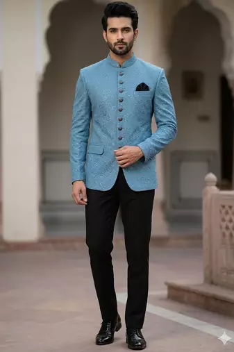 Sky blue color sequence jodhpuri for men | premium designer bandhgala ethnic wear