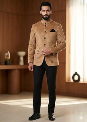 Golden color velvet jodhpuri for men | premium designer bandhgala ethnic wear 1