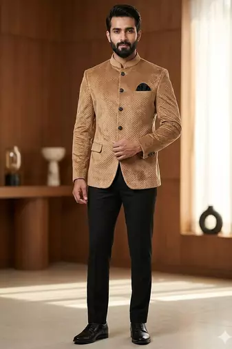 Golden color velvet jodhpuri for men | premium designer bandhgala ethnic wear