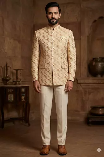 Golden color cheetah jodhpuri for men | premium designer bandhgala ethnic wear