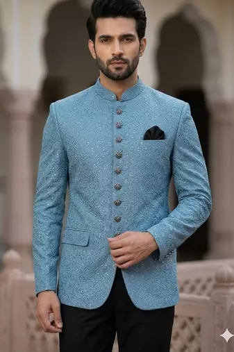 Sky blue color sequence jodhpuri for men | premium designer bandhgala ethnic wear